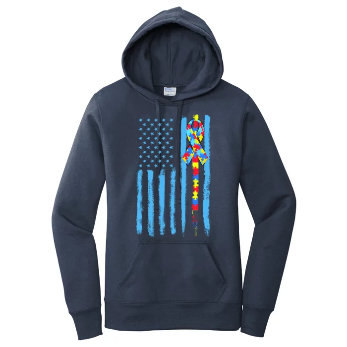 Autism Awareness Puzzle American Flag Women's Pullover Hoodie