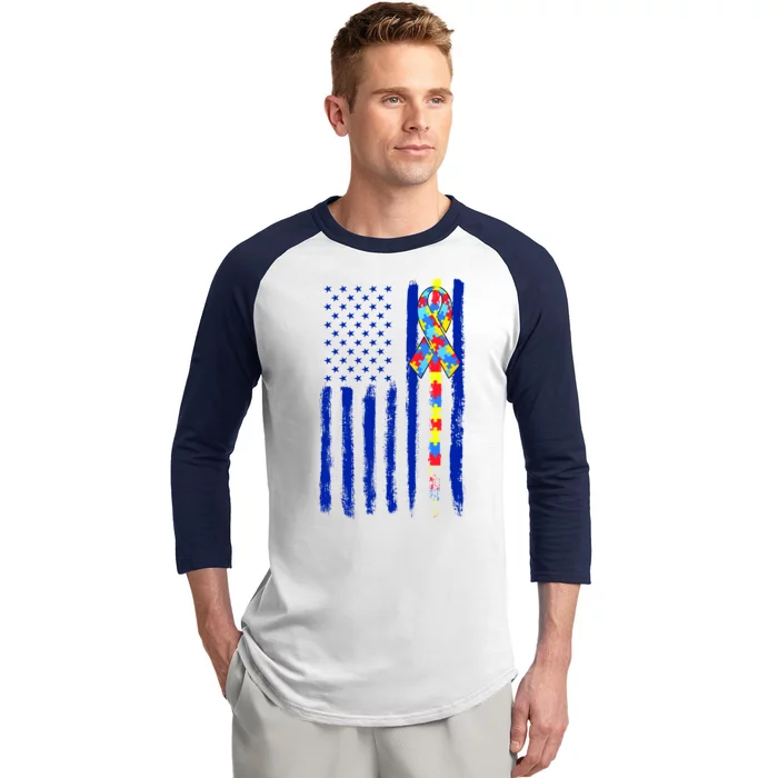 Autism Awareness Puzzle American Flag Baseball Sleeve Shirt