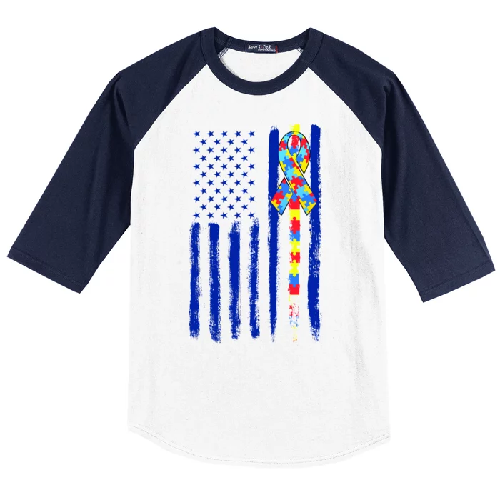 Autism Awareness Puzzle American Flag Baseball Sleeve Shirt