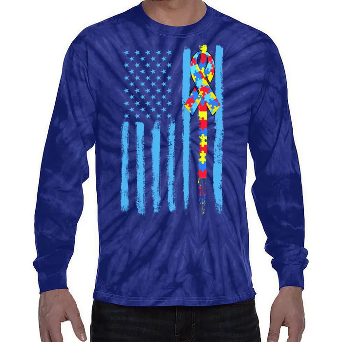 Autism Awareness Puzzle American Flag Tie-Dye Long Sleeve Shirt