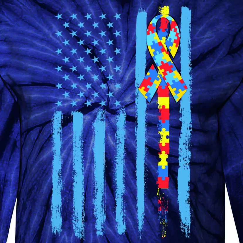 Autism Awareness Puzzle American Flag Tie-Dye Long Sleeve Shirt