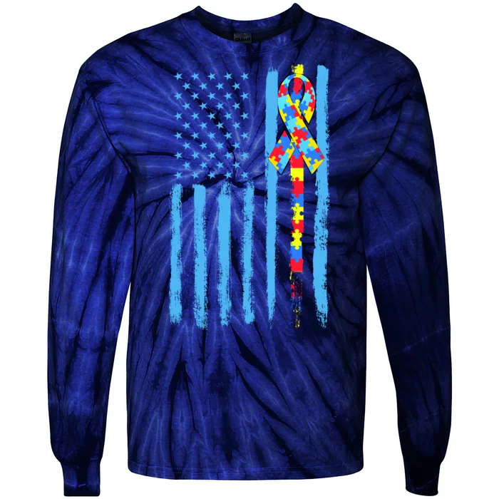 Autism Awareness Puzzle American Flag Tie-Dye Long Sleeve Shirt