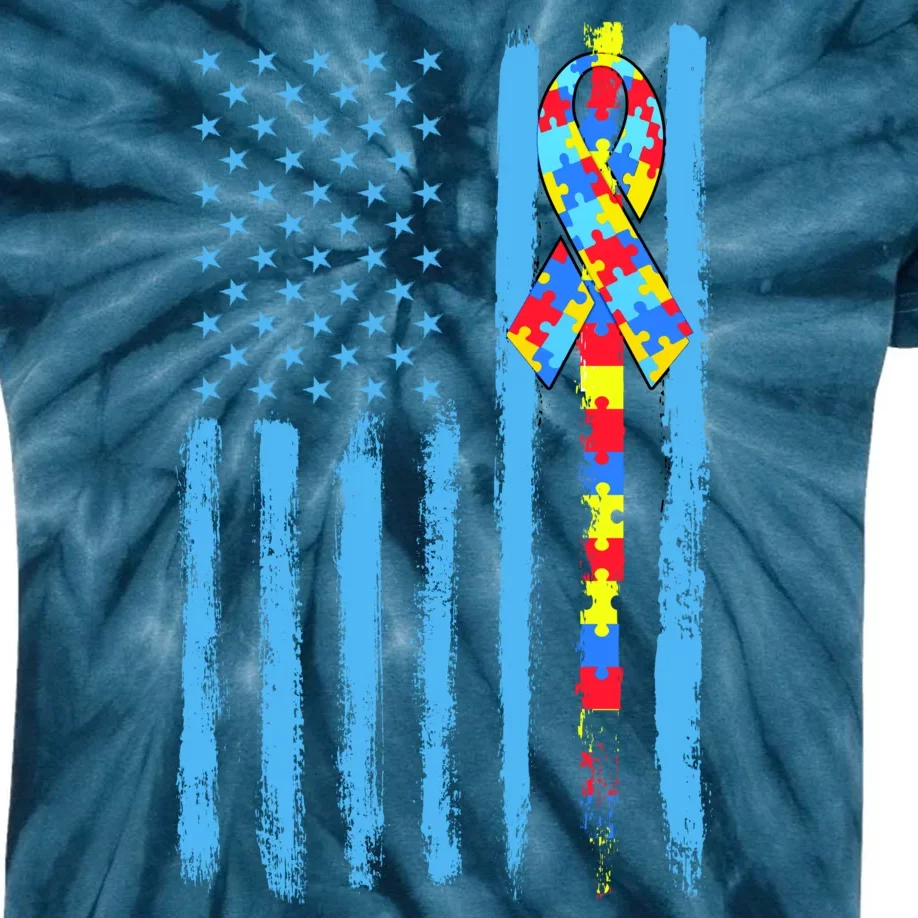 Autism Awareness Puzzle American Flag Kids Tie-Dye T-Shirt