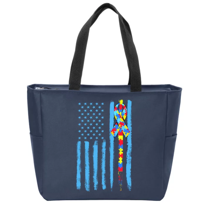 Autism Awareness Puzzle American Flag Zip Tote Bag