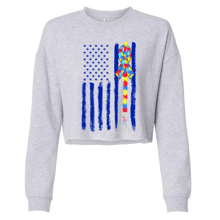 Autism Awareness Puzzle American Flag Cropped Pullover Crew