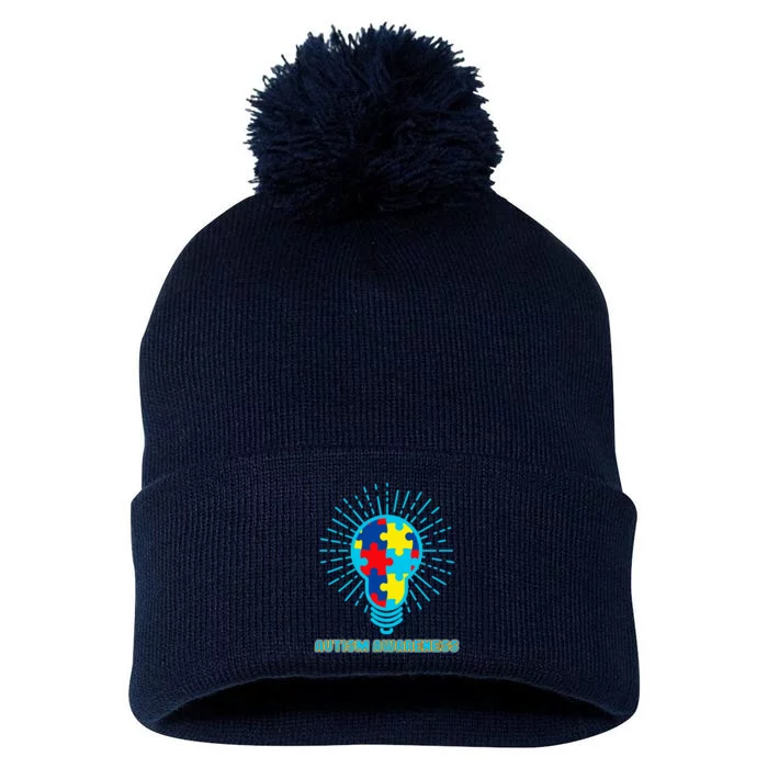 Autism Awareness Puzzle Light Bulb Pom Pom 12in Knit Beanie