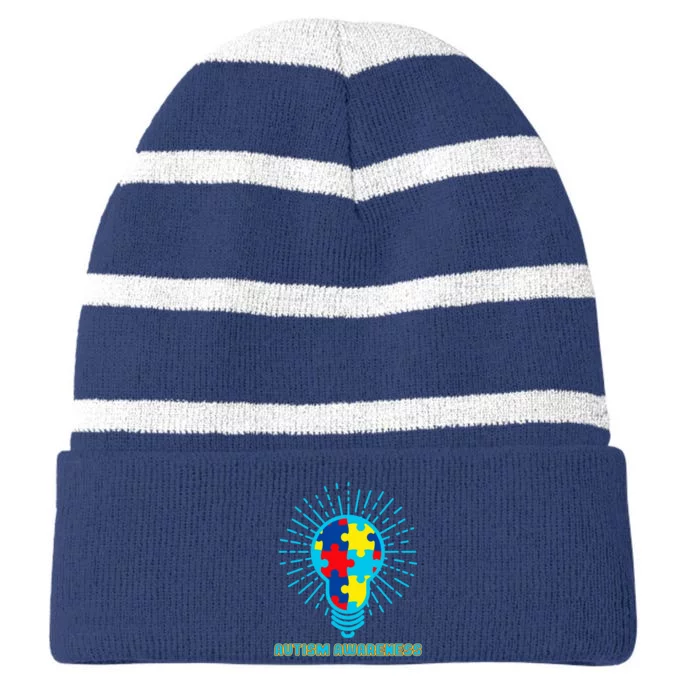 Autism Awareness Puzzle Light Bulb Striped Beanie with Solid Band