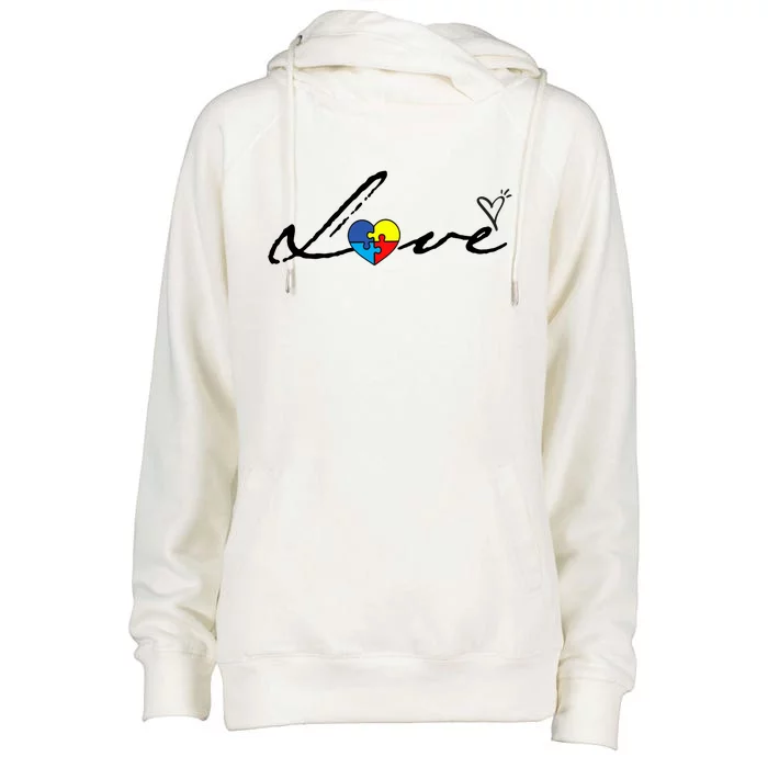 Autism Awareness Puzzle Piece Heart Womens Funnel Neck Pullover Hood