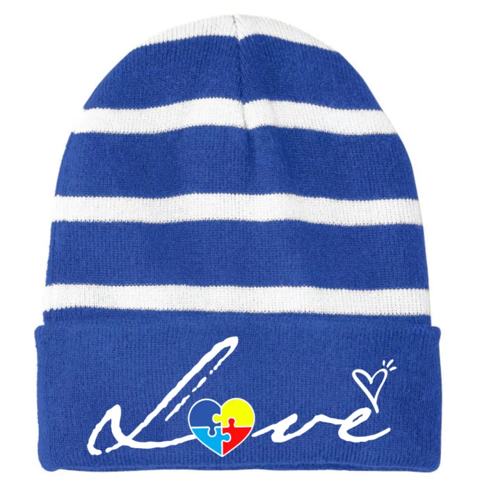 Autism Awareness Puzzle Piece Heart Striped Beanie with Solid Band