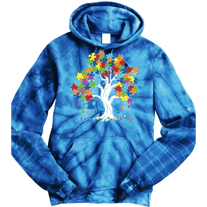 Autism Awareness Puzzle Piece Tree Tie Dye Hoodie