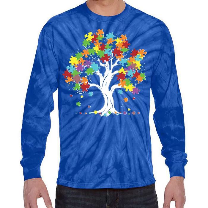 Autism Awareness Puzzle Piece Tree Tie-Dye Long Sleeve Shirt