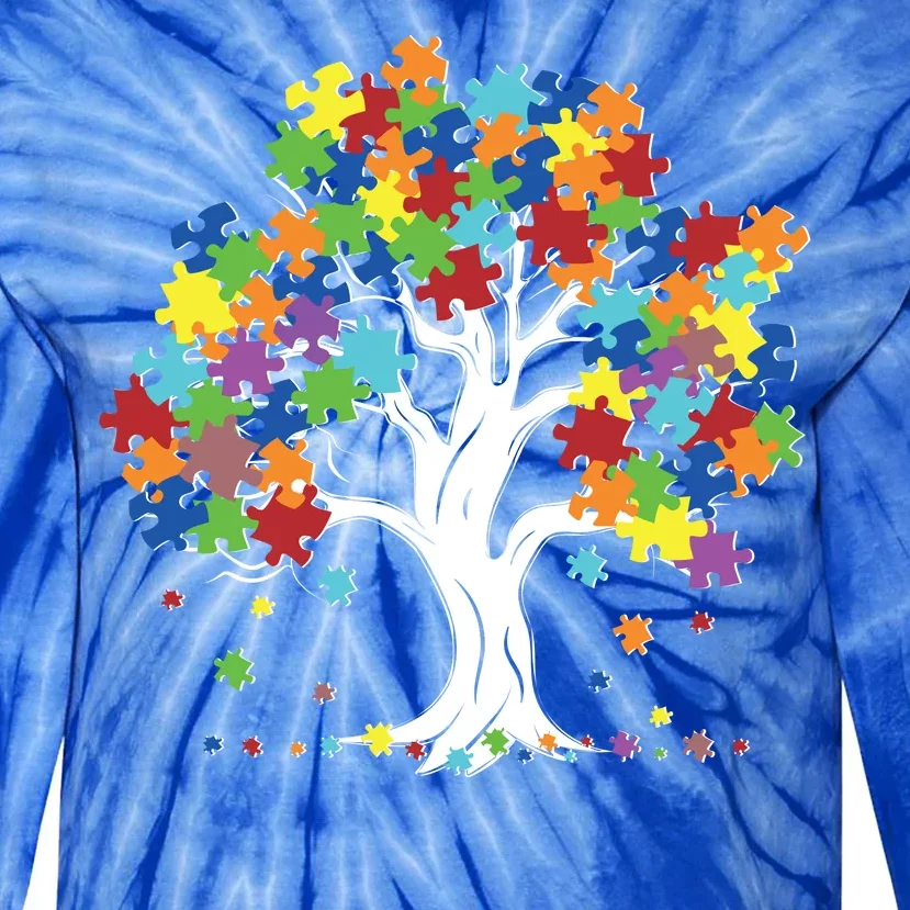 Autism Awareness Puzzle Piece Tree Tie-Dye Long Sleeve Shirt