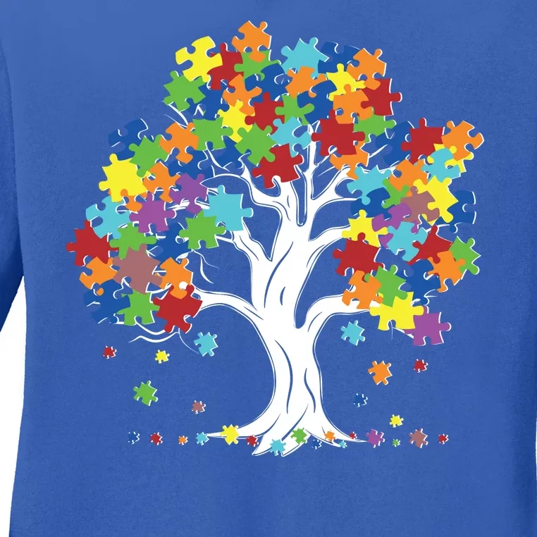 Autism Awareness Puzzle Piece Tree Ladies Long Sleeve Shirt