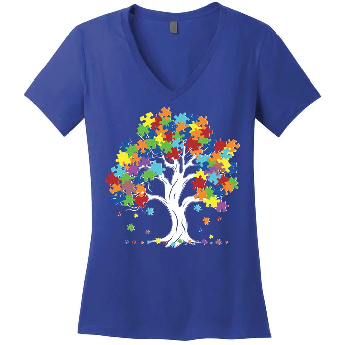 Autism Awareness Puzzle Piece Tree Women's V-Neck T-Shirt