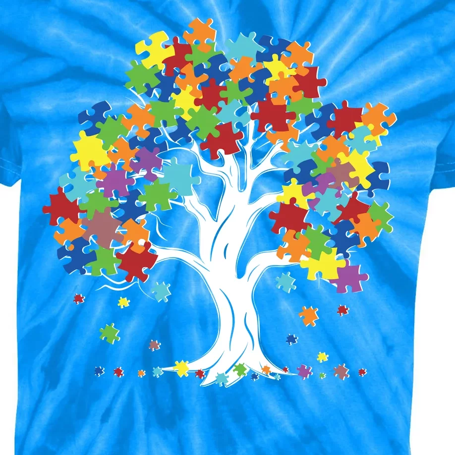 Autism Awareness Puzzle Piece Tree Kids Tie-Dye T-Shirt