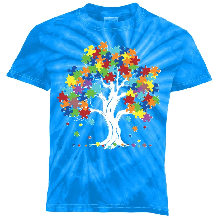 Autism Awareness Puzzle Piece Tree Kids Tie-Dye T-Shirt