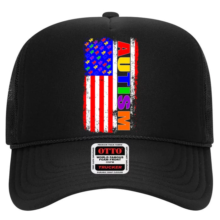 Autism Awareness USA Puzzle Rainbow Flag High Crown Mesh Trucker Hat