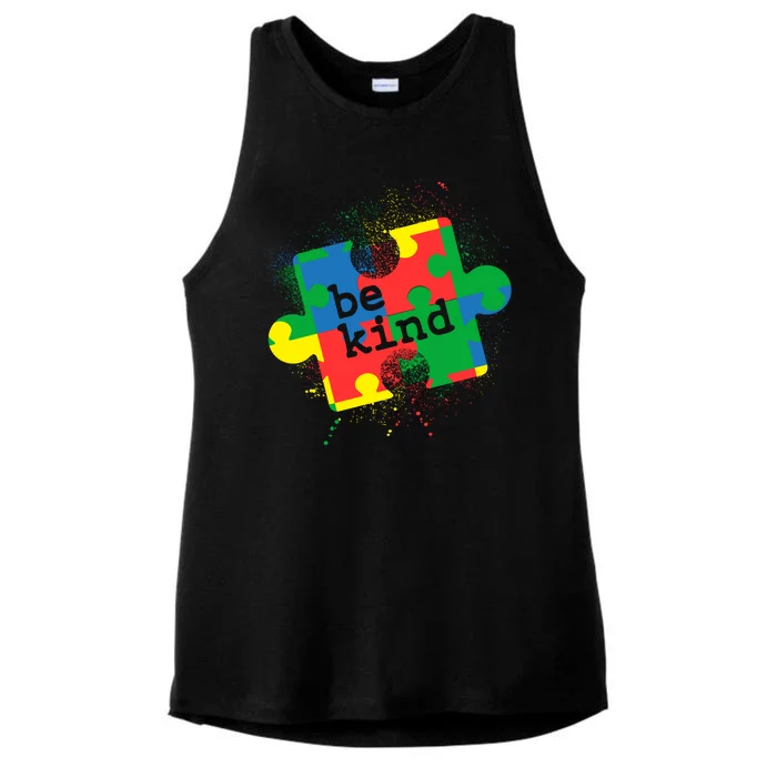 Autism Be Kind Puzzle Piece Splatter Ladies Tri-Blend Wicking Tank