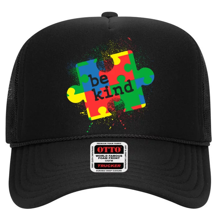 Autism Be Kind Puzzle Piece Splatter High Crown Mesh Trucker Hat