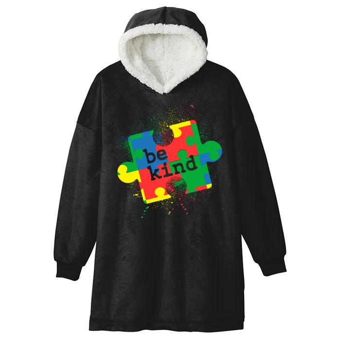 Autism Be Kind Puzzle Piece Splatter Hooded Wearable Blanket