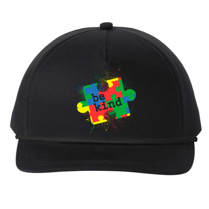 Autism Be Kind Puzzle Piece Splatter Snapback Five-Panel Rope Hat