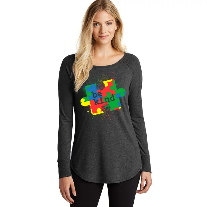 Autism Be Kind Puzzle Piece Splatter Women's Perfect Tri Tunic Long Sleeve Shirt