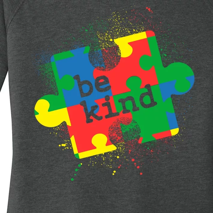 Autism Be Kind Puzzle Piece Splatter Women's Perfect Tri Tunic Long Sleeve Shirt