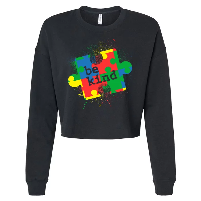 Autism Be Kind Puzzle Piece Splatter Cropped Pullover Crew