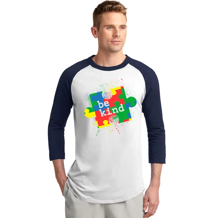 Autism Be Kind Puzzle Piece Splatter Baseball Sleeve Shirt