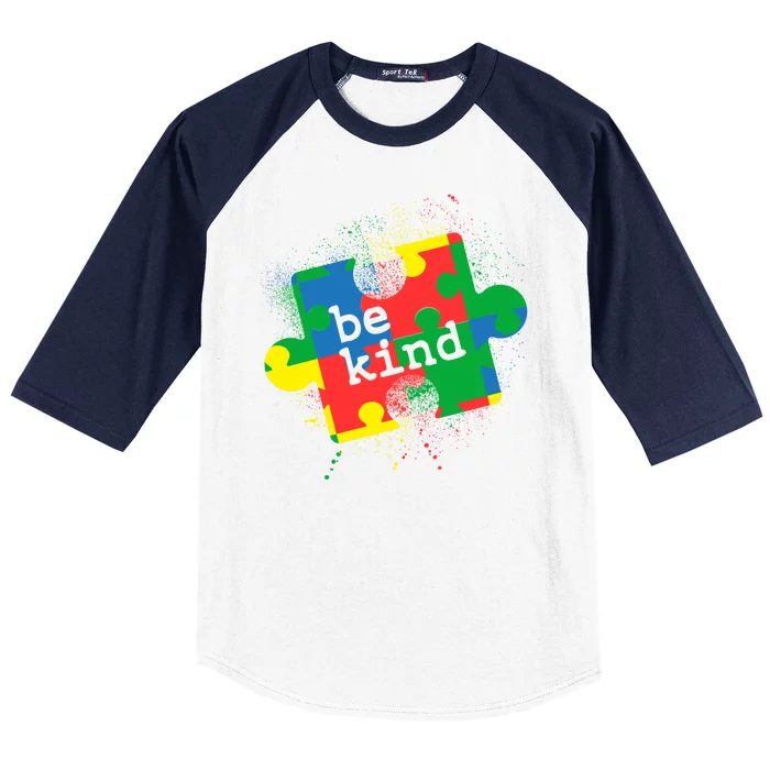 Autism Be Kind Puzzle Piece Splatter Baseball Sleeve Shirt