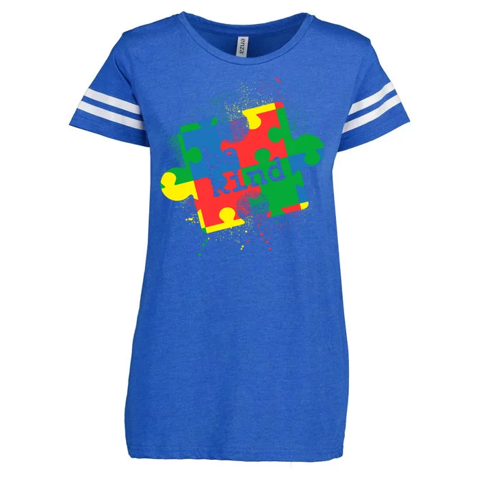 Autism Be Kind Puzzle Piece Splatter Enza Ladies Jersey Football T-Shirt