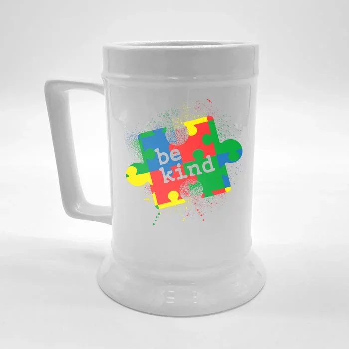 Autism Be Kind Puzzle Piece Splatter Front & Back Beer Stein