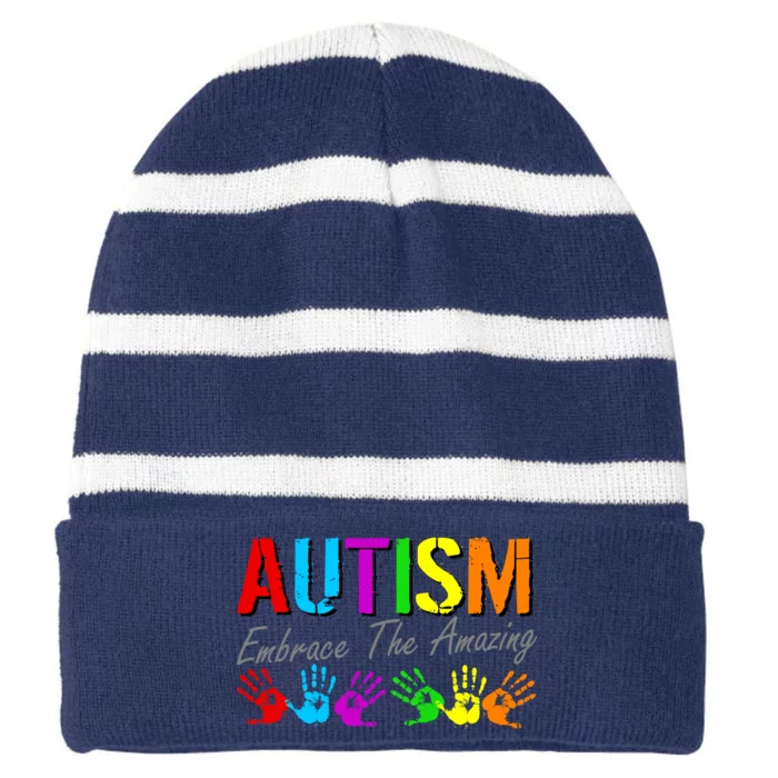 Autism Embrace The Amazing Striped Beanie with Solid Band