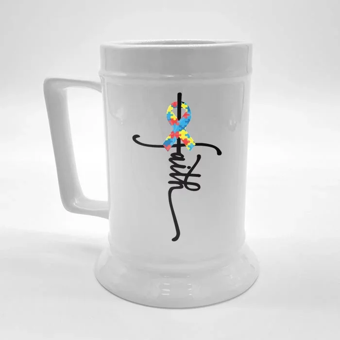 Autism Faith Puzzle Ribbon Front & Back Beer Stein