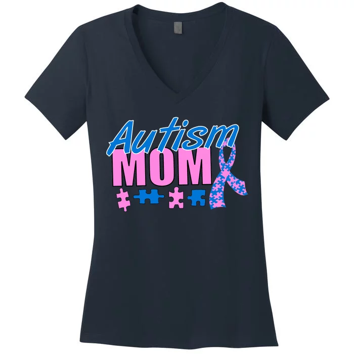 Autism Mom Awareness Ribbon Women's V-Neck T-Shirt