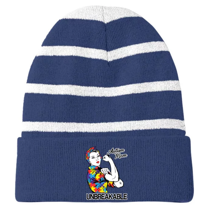 Autism Mom Unbreakable Striped Beanie with Solid Band