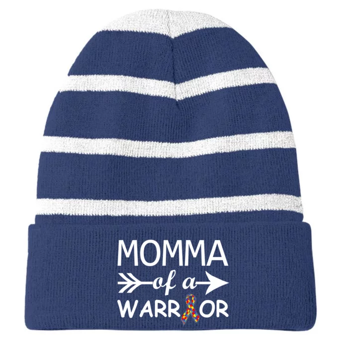 Autism Momma of a Warrior Striped Beanie with Solid Band