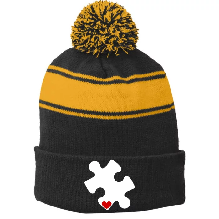 Autism Puzzle Heart Piece Stripe Pom Pom Beanie