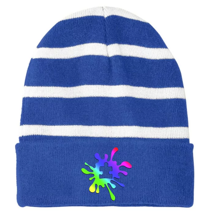 Autism Rainbow Puzzle Splatter Striped Beanie with Solid Band