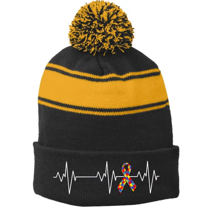 Autism Ribbon Heartbeat Pulse Stripe Pom Pom Beanie