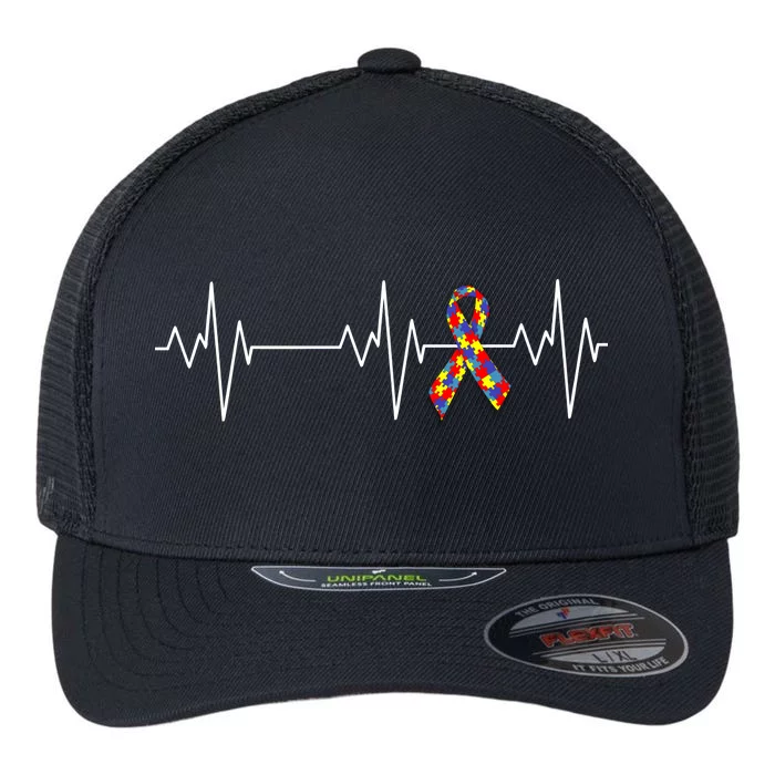 Autism Ribbon Heartbeat Pulse Flexfit Unipanel Trucker Cap