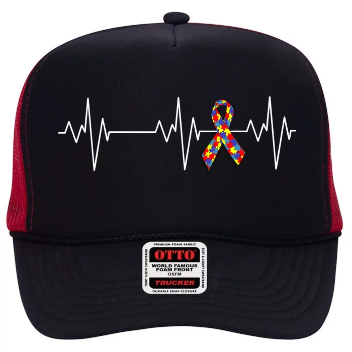 Autism Ribbon Heartbeat Pulse High Crown Mesh Trucker Hat