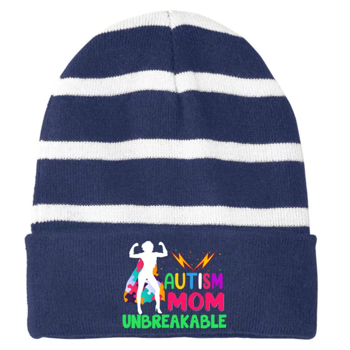 Autism Super Mom Unbreakable Striped Beanie with Solid Band