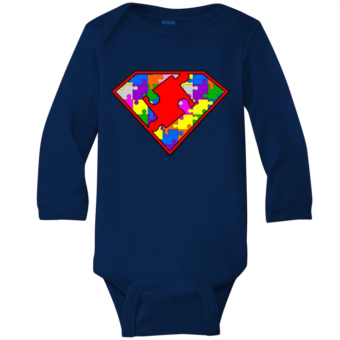 Autism Superhero Puzzle Crest Baby Long Sleeve Bodysuit