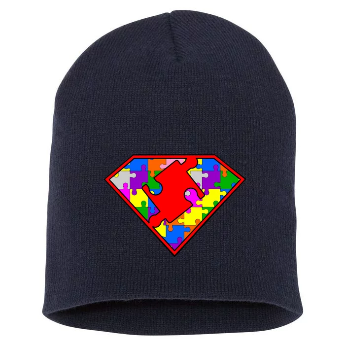 Autism Superhero Puzzle Crest Short Acrylic Beanie