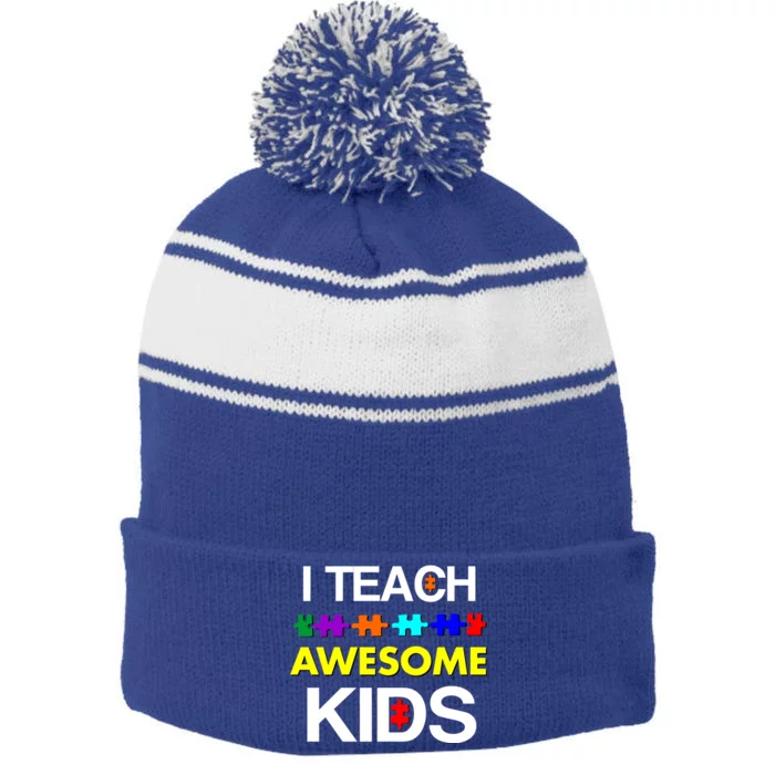 Autism Teacher I Teach Awesome Kids Stripe Pom Pom Beanie