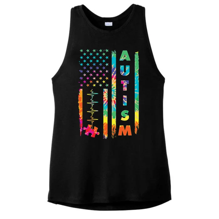 Autism Tie Dye US Flag Colorful Ladies Tri-Blend Wicking Tank