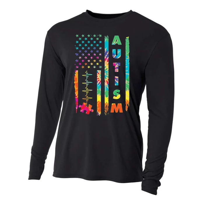 Autism Tie Dye US Flag Colorful Cooling Performance Long Sleeve Crew