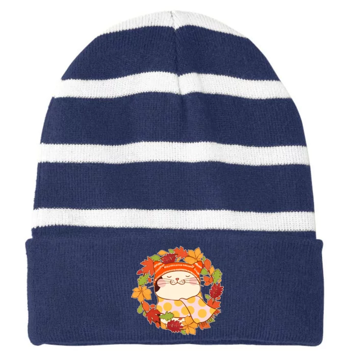 Autumn Cat Wreath Striped Beanie with Solid Band