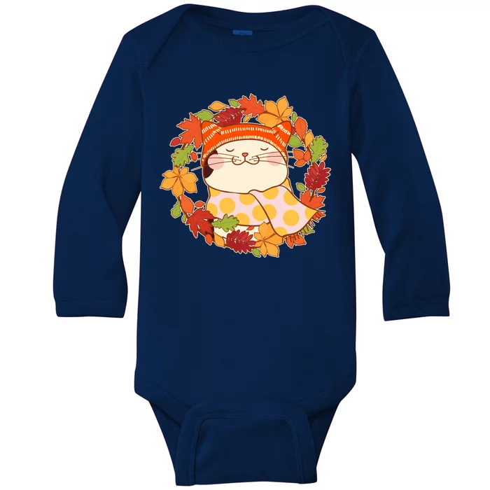 Autumn Cat Wreath Baby Long Sleeve Bodysuit